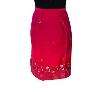Amanda Smith Womens Midi Skirt Straight Cut Embraided Hem Hot Pink Large